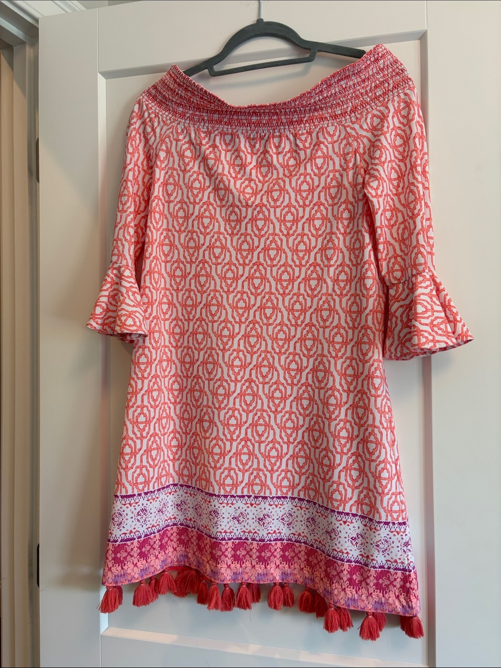 Cabana Life Coral and White Smocked Off-Shoulder Dress